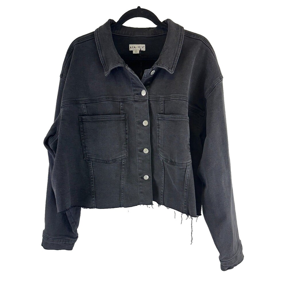 Ava And Viv Cropped Denim Jacket Black Fray Hem Button Collared New Tags Plus 2X